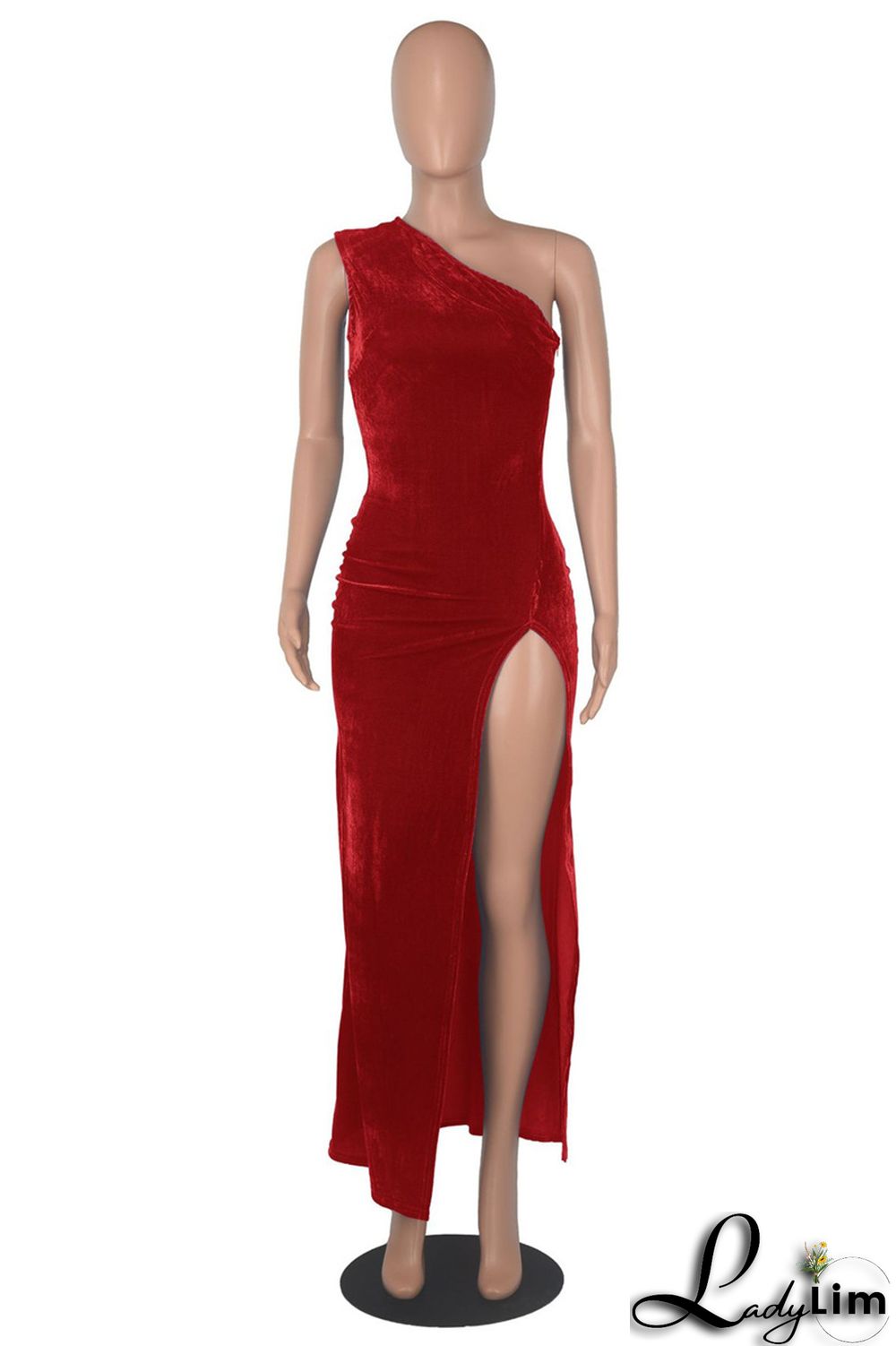 Blue Fashion Sexy Solid Backless Slit Oblique Collar Sleeveless Dress