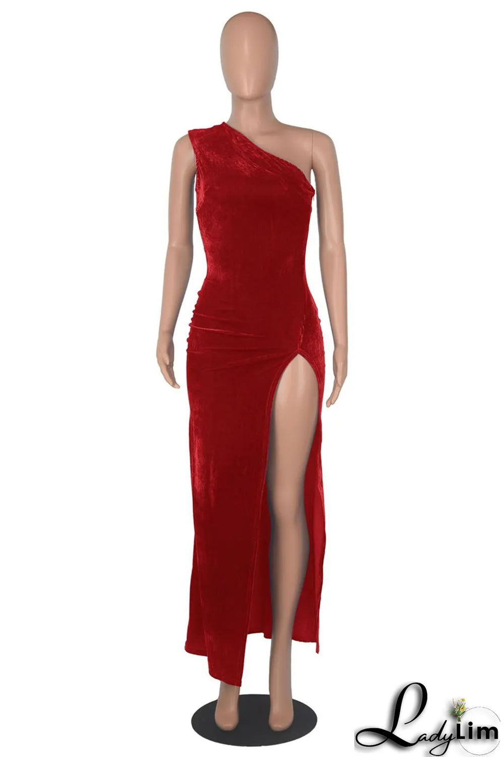 Blue Fashion Sexy Solid Backless Slit Oblique Collar Sleeveless Dress