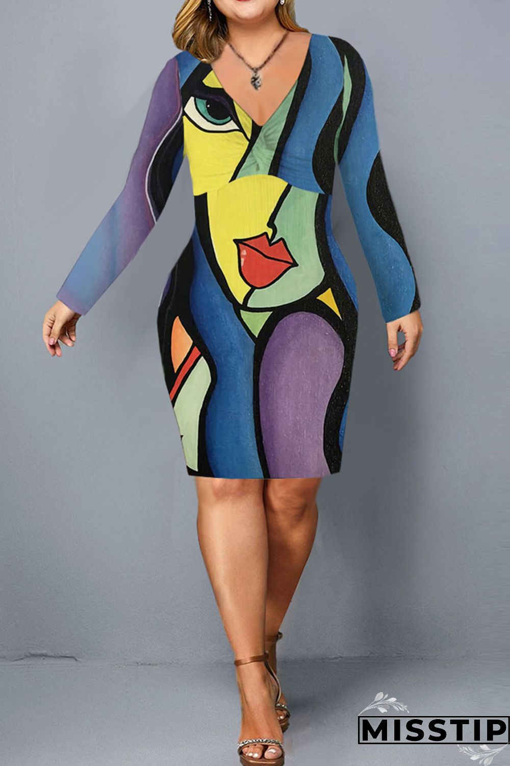 Colour Casual Print Patchwork V Neck Dresses