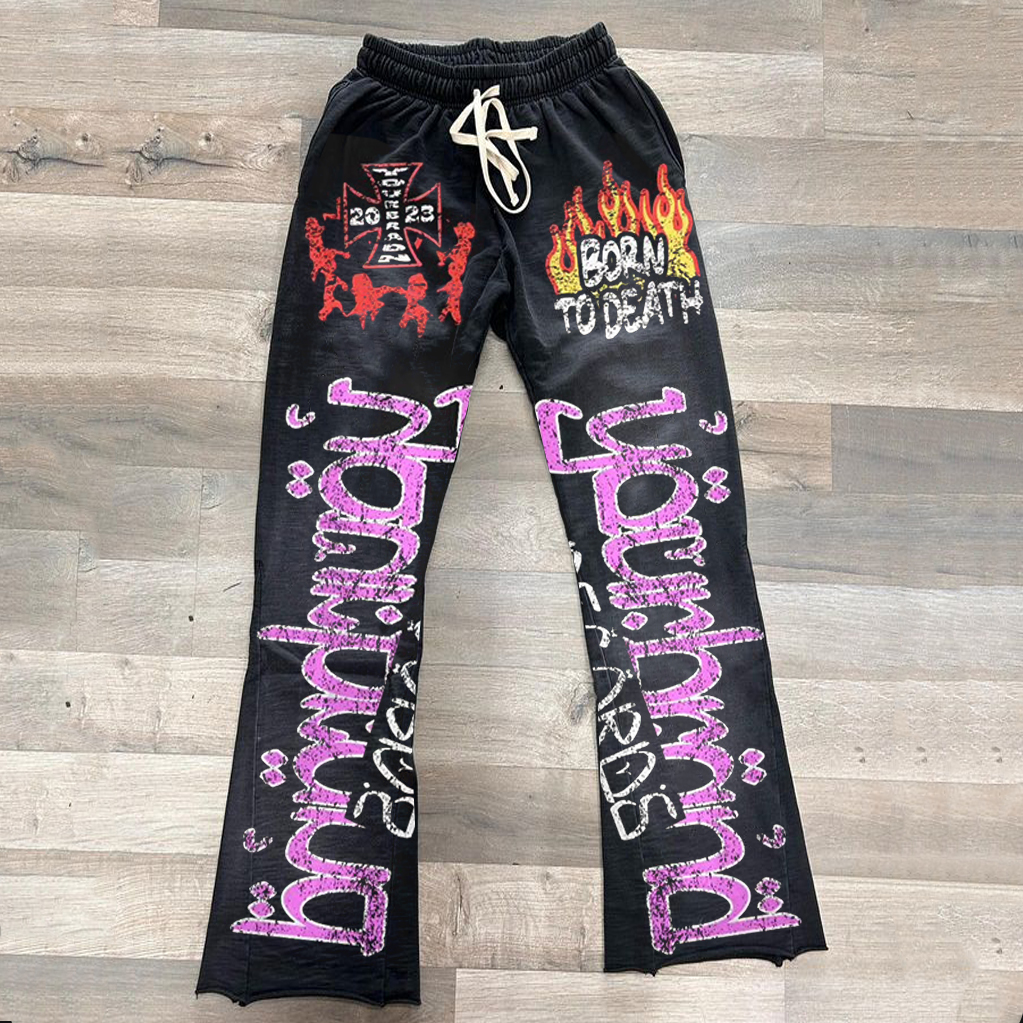Sopula Retro Trendy Flame Cross Street Patchwork Printed Flared Sweats Trousers - Sopula｜Premium Graphic Tees & Graphic Clothing