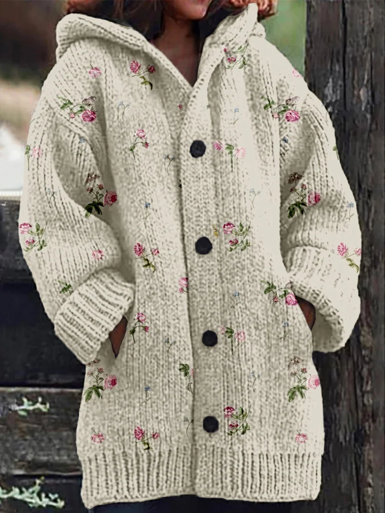 Utbros Vintage Floral Art Pattern Cozy Hooded Cardigan