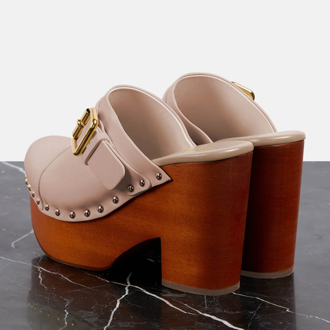 Light Pink Round-Toe Chunky Heel Platform Mules with Buckle Strap