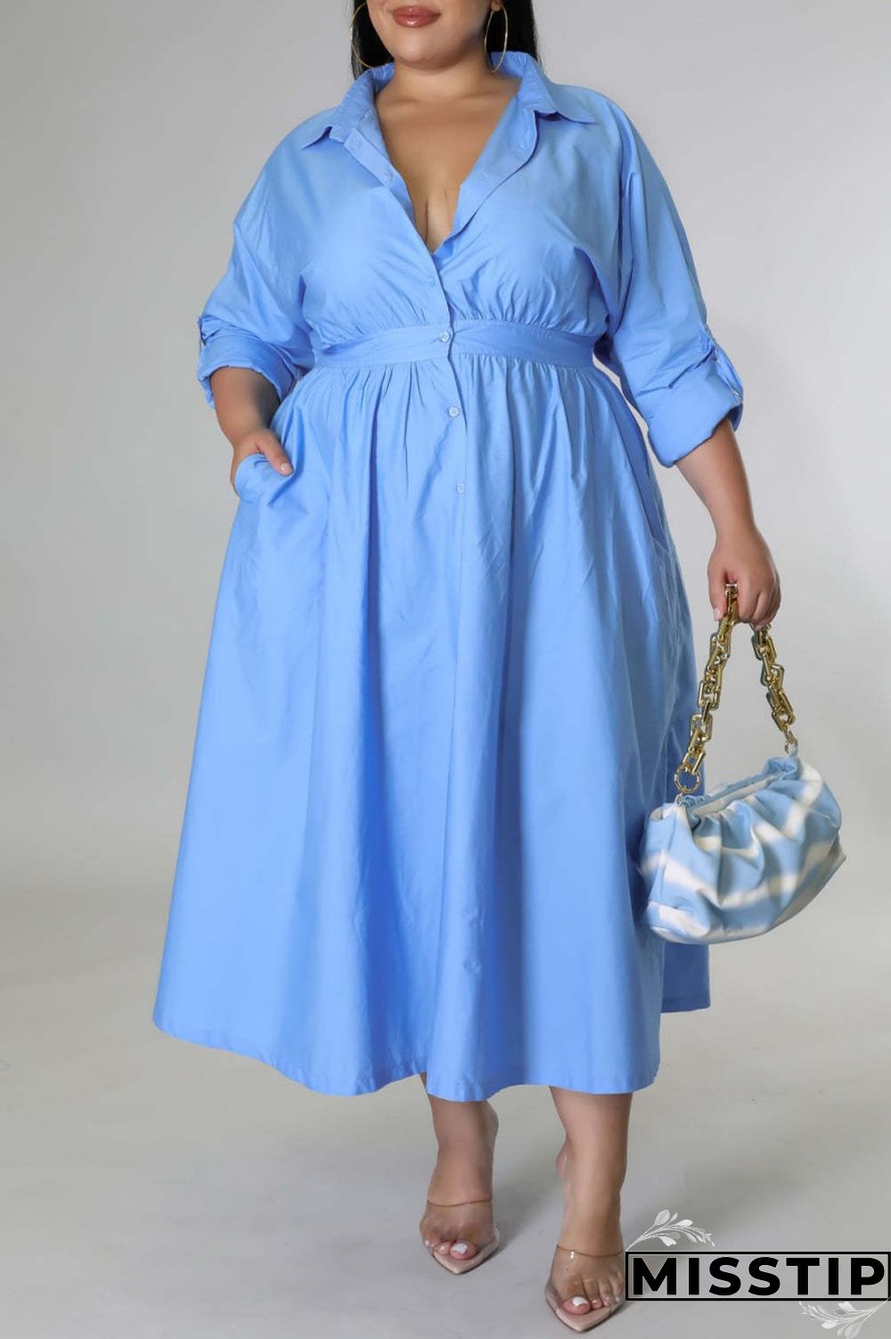 Blue Casual Solid Patchwork Turndown Collar Shirt Dress Plus Size Dresses