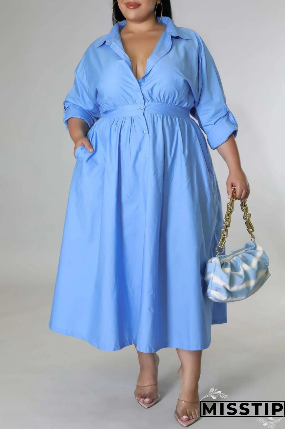 Blue Casual Solid Patchwork Turndown Collar Shirt Dress Plus Size Dresses