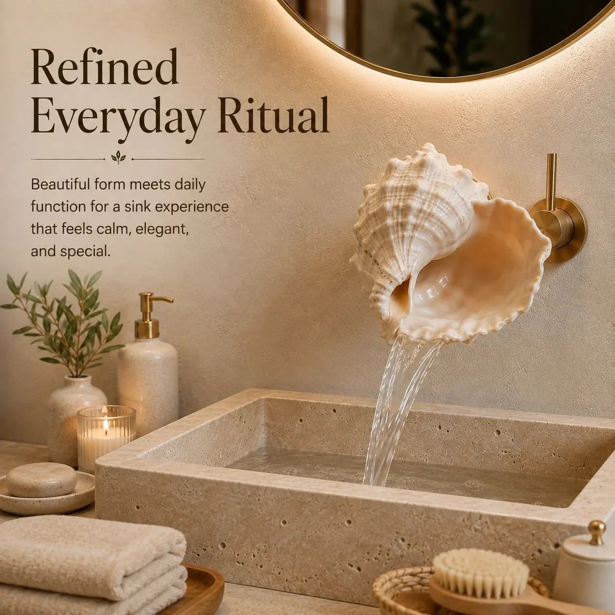 Shell waterfall faucet in a warm coastal bathroom