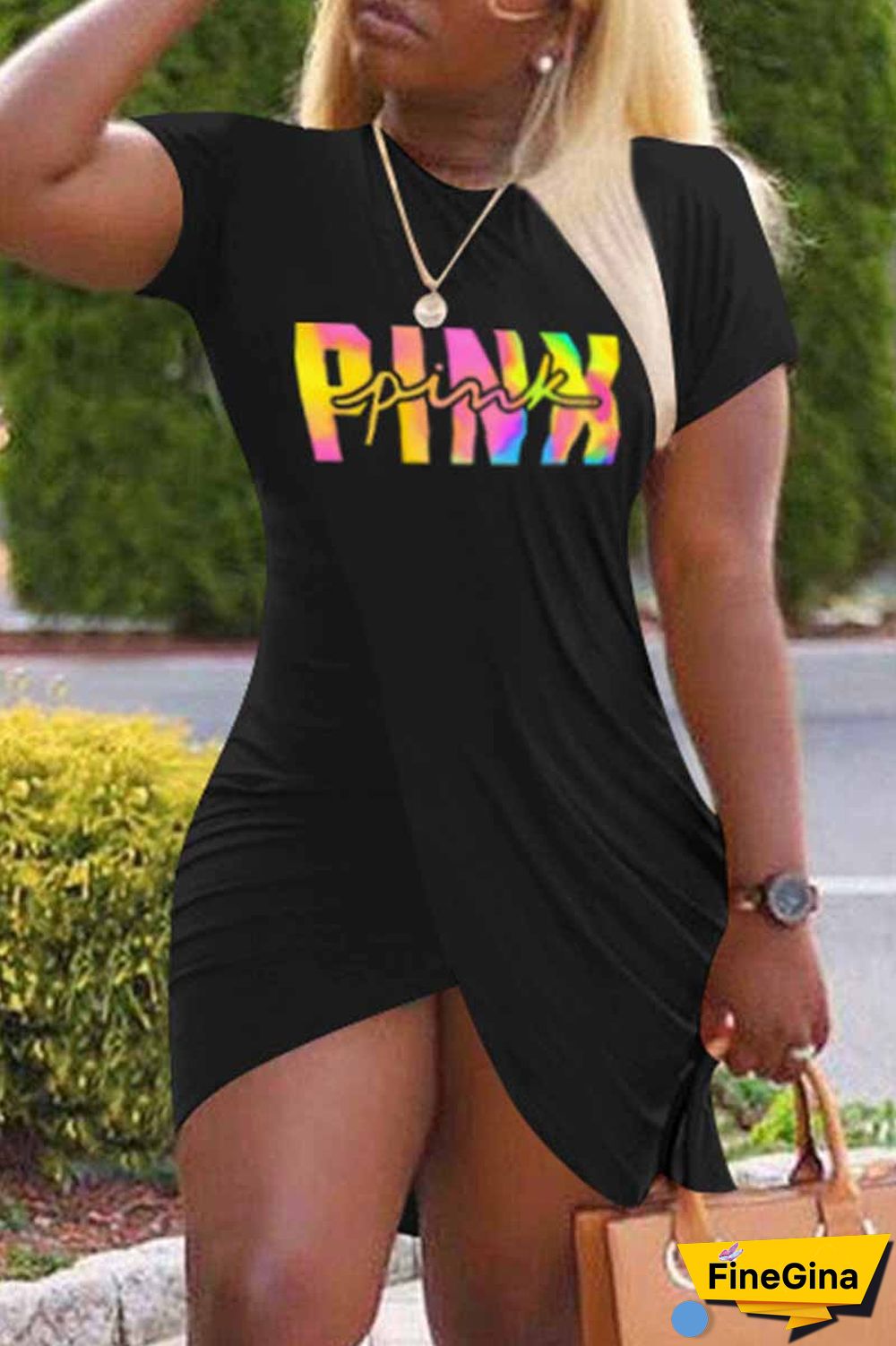 Black Casual Print Letter O Neck One Step Skirt Dresses