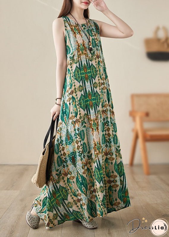 Handmade Green O-Neck Print Maxi Dresses Summer