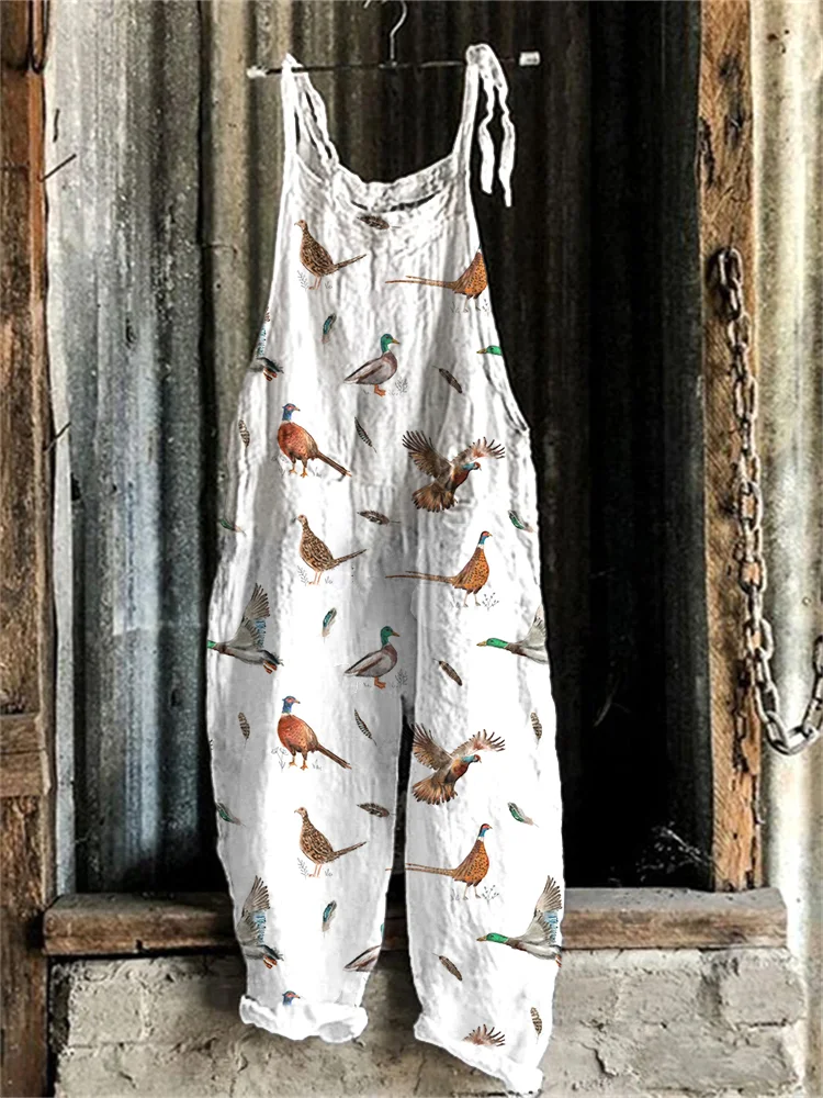 Birds & Farm Animals Print Linen Blend Jumpsuit-mysite