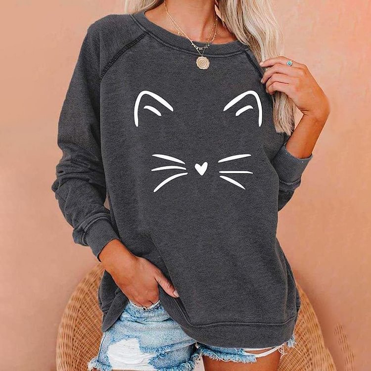 Vefave Simple Cat Print Crew Neck Sweatshirt