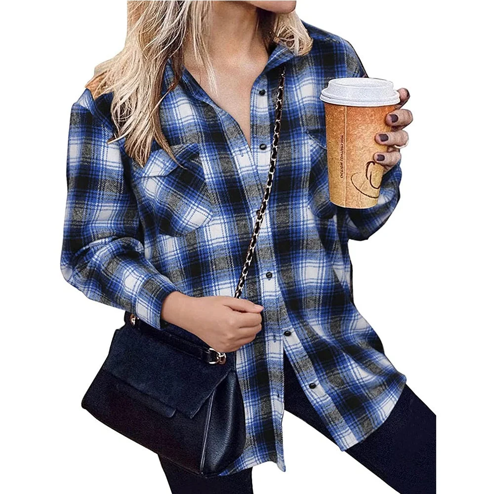 Women's Plaid Lapel Jacket Shirt Casual Buttoned Cardigan