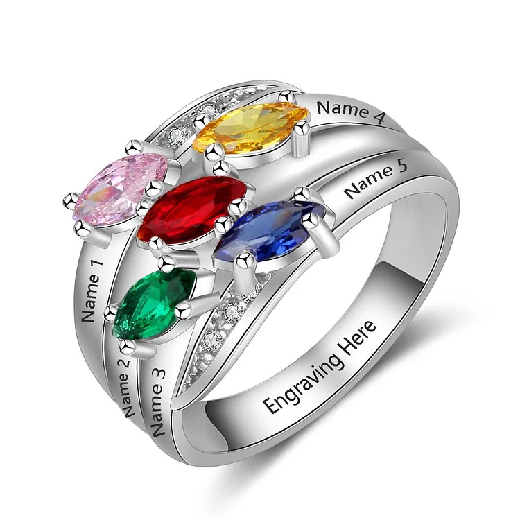 Family Ring with 5 Birthstones Engraved 5 Names Personalized Mother Ring Sterling Silver