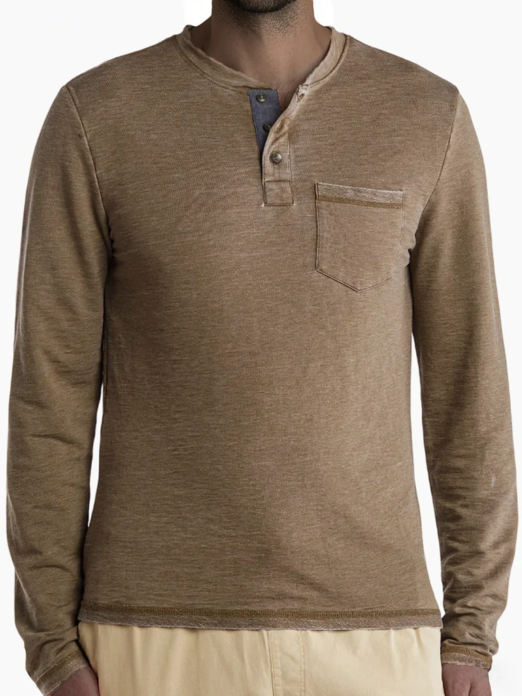 Men's Vintage Distressed Base Shirt Colorblock Button Collar Basic Casual Henry T-Shirt Top