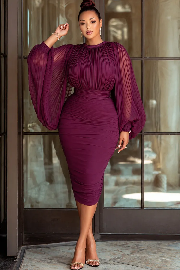 Xpluswear Design Plus Size Cocktail Party Burgundy Round Neck Lantern Sleeve Long Sleeve Fold Pleated Tulle Midi Dresses [Pre-Order] 2024 - Xpluswear