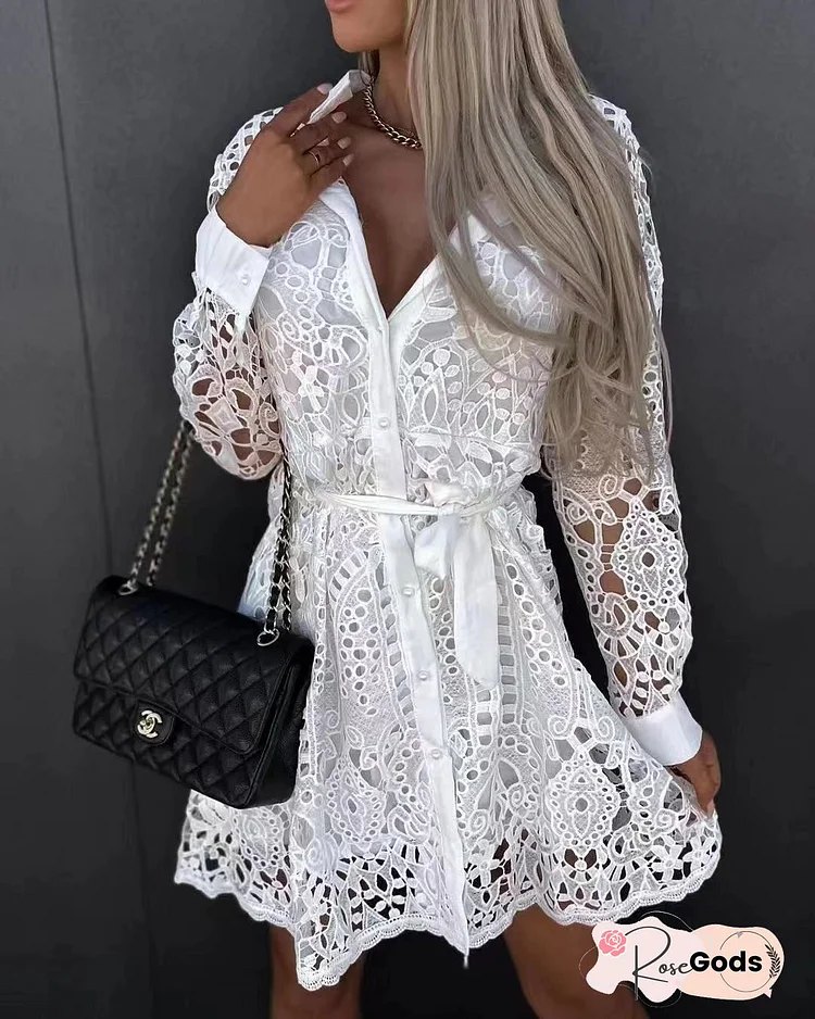 Female Autumn Solid Crochet Slim Draped Dress Sexy Deep V Neck Half Sleeve Mini Dress Elegant Embroidery Lace Hollow Party Dress