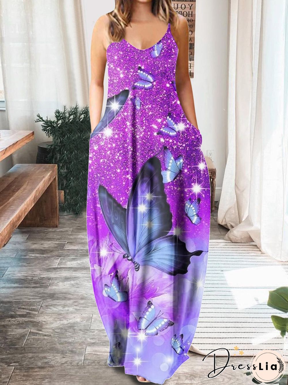 Women'S Dresses Printed V-Neck Sling Pocket Sleeveless Dress