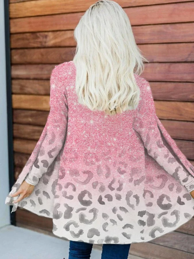 Women&#039;s Ombre Pink Leopard Print Casual Cardigan