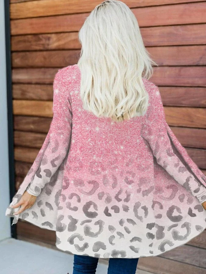 Women's Ombre Pink Leopard Print Casual Cardigan