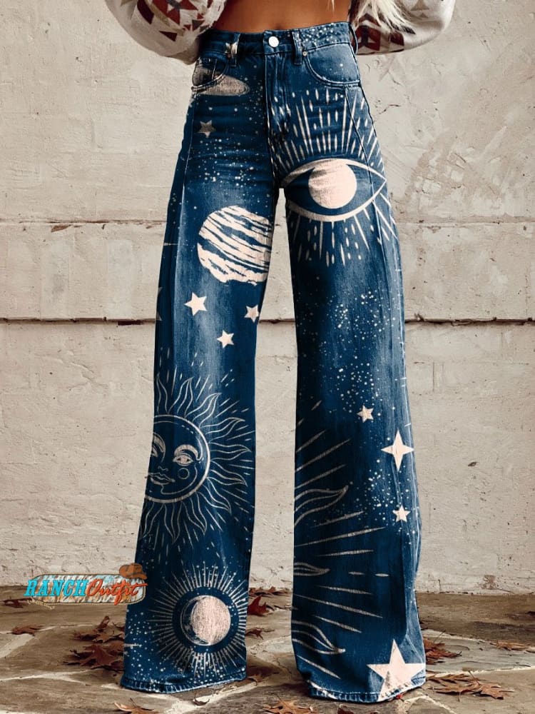 Women’s Vintage Print Casual Wide Leg Pants Multicolor / S