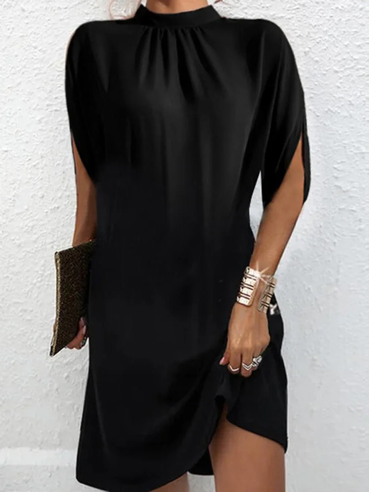 Modern Black Mock Neck Split Sleeve Midi Dress