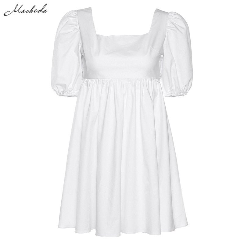 Macheda Summer White Dress Women Square Collar Backless Short Sleeve Casual Dress Ladies Solid Street Mini Dress Vestidos 2020