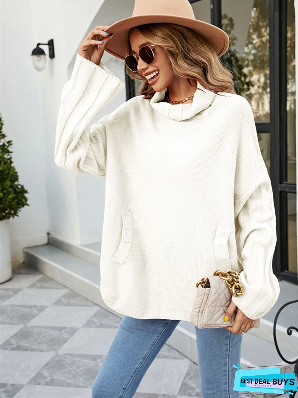 Solid Color Pullover Knit Loose Large High Neck Sweater
