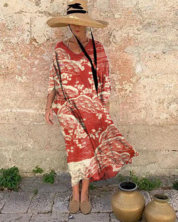 Holiday Plum Blossom Print Loose Dress