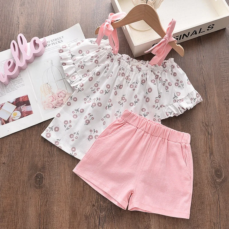 Bear Leader Children Clothes Girls Set Cute Bow-knot Sleeveless Print Pattern Top Fashion Short Pant with Belt Suit for Kid Girl