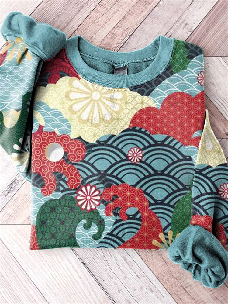 Japanese Traditional Art Pattern Print Casual Sweatshirt