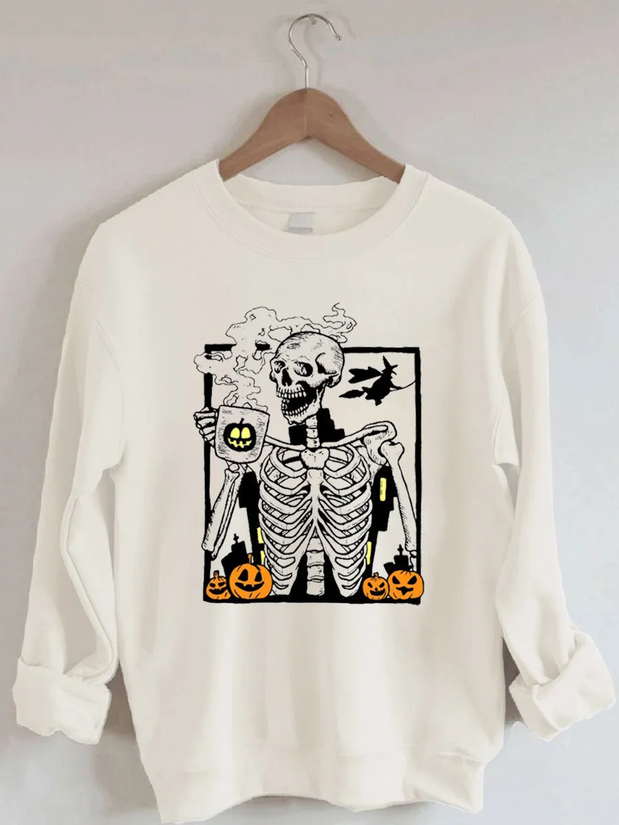 Halloween Hot Coffee Skeleton and Pumpkin Sweatshirt