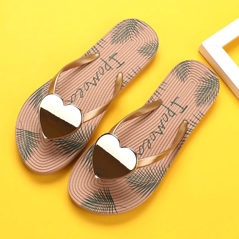 Women Love Heart-shape Design Flip-Flops Beach Slippers   Summer Women Sandals Non-Slip Ladies Holiday Outdoor Slides Flat Shoes