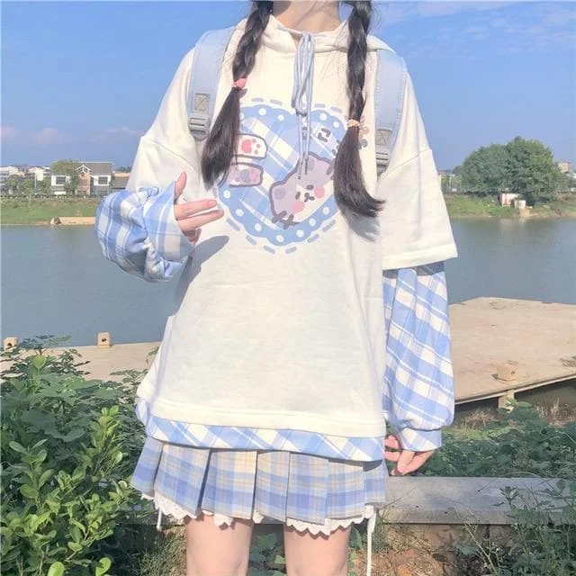 Kawaii Splicing Full Sleeve Cartoon Printed Hooded Pullover SP15408