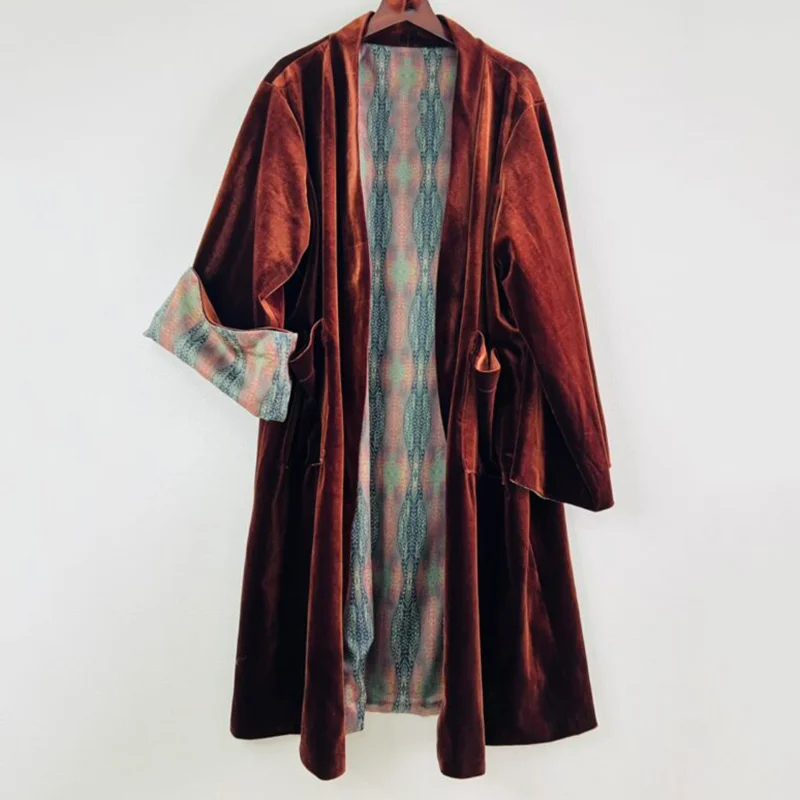 Stylish Lining Ethnic Printed Velvet Kimono Duster