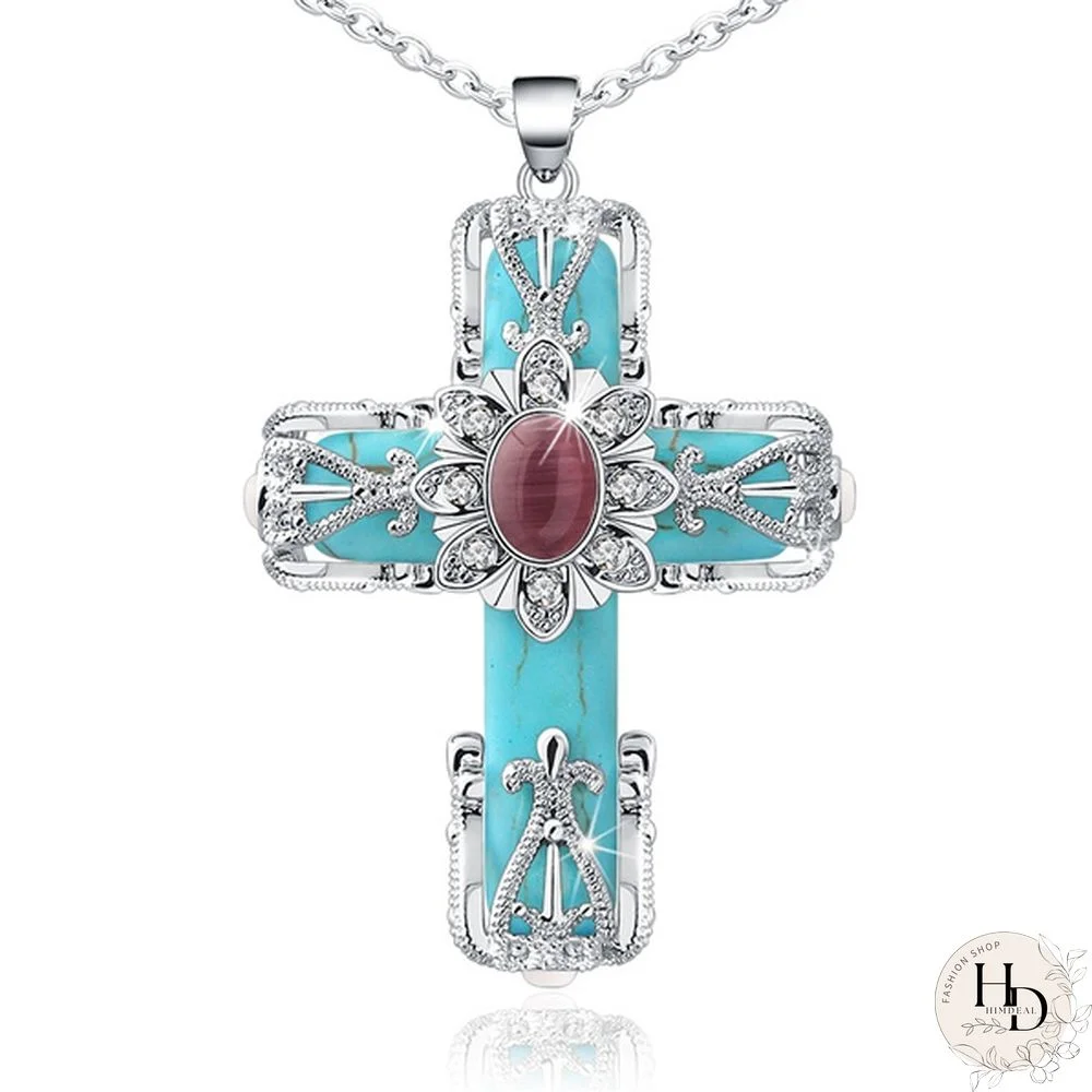 Turquoise Necklace, Cathedral Cross Necklace, Cross Pendant, Turquoise Jewelry, Faith Necklace, Religious Jewelry