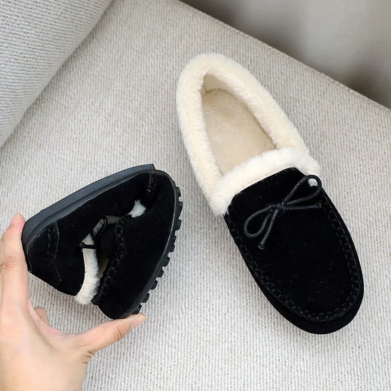 Winter Women Shoes 2021 Thick Plush Warm Ladies Floor Slippers Home Indoor Bowknot Comfort Female Flats Shoes Non Slip Loafers