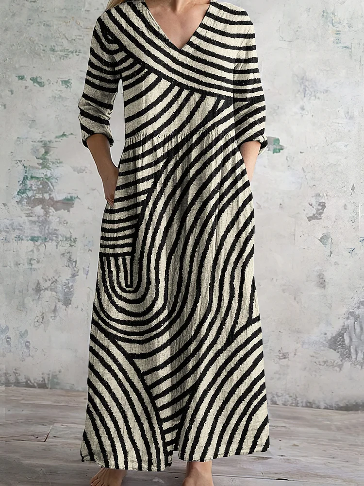 Simpfit Vintage Streifenmuster Damen Nachahmung aus Baumwolle und Leinenkleid