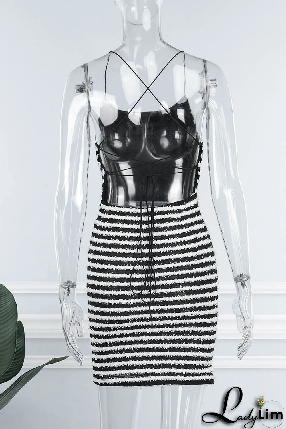 Black Sexy Striped Print Bandage Backless Spaghetti Strap Sleeveless Dress Dresses
