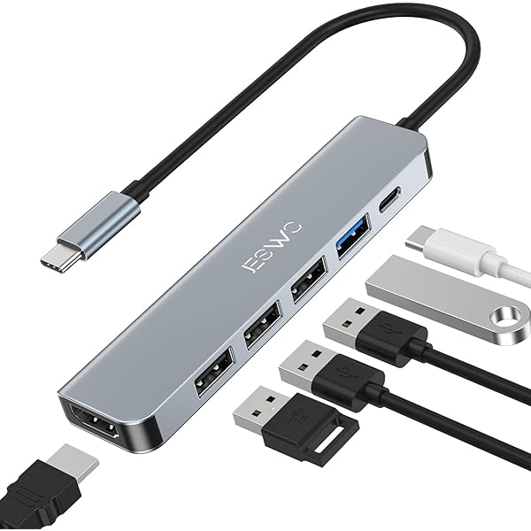 JESWO 6-in-1 USB-C Hub with 4K HDMI, 100W PD Charging, USB 3.0 Ports for MacBook Air, iPad Pro, XPS