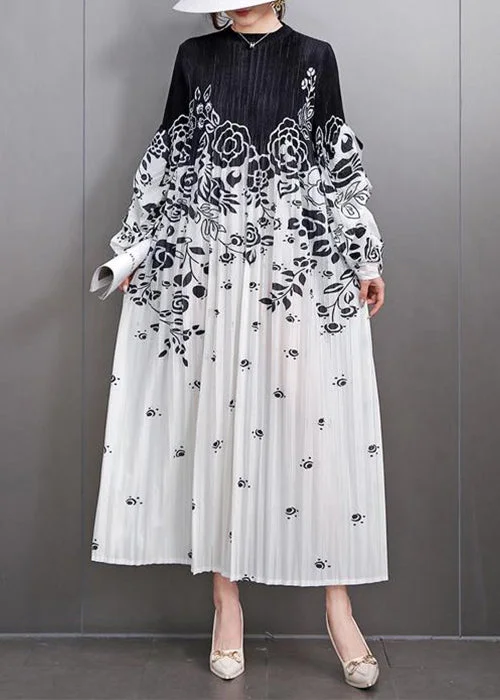 Loose Black Print Wrinkled Patchwork Cotton Long Dress Fall