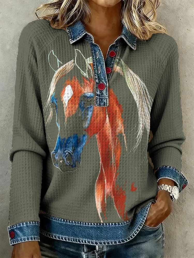 Women's Retro Horse Art Print Denim Patchwork Top
