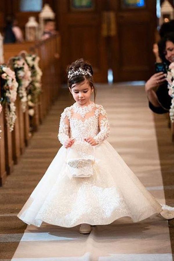  Lisliy White Jewel Long Sleeves Ball Gown Flower Girl Dresses Tulle With Appliques Lace Bow