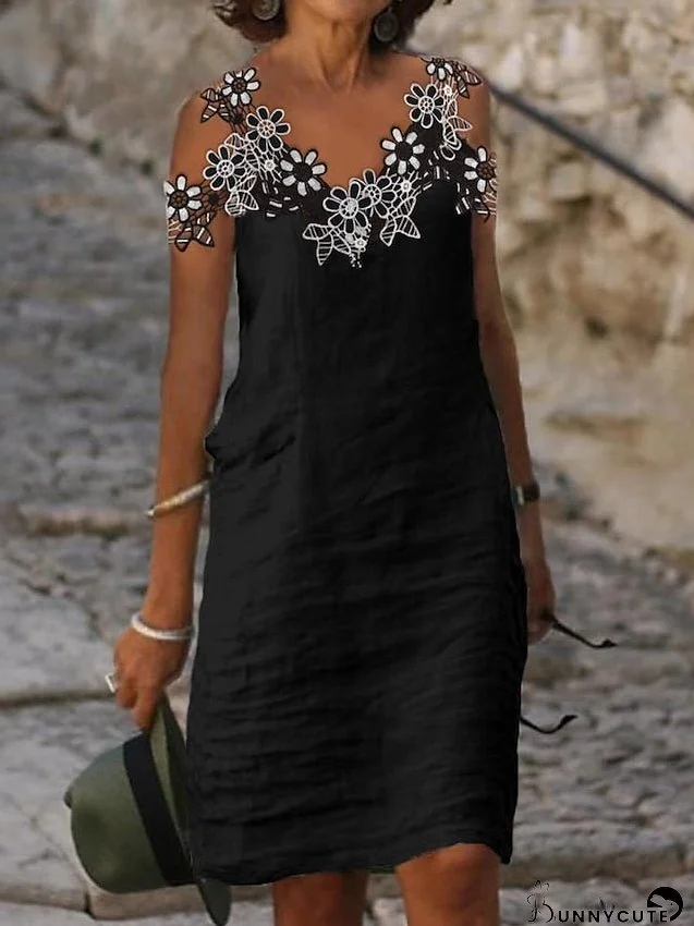 Cotton Linen Dress Casual Dress Shift Dress Midi Dress Cotton Blend Fashion Casual Outdoor Daily Vacation V Neck Lace Cut Out Short Sleeve Summer Spring Regular Fit Black Flower S M L XL for Women