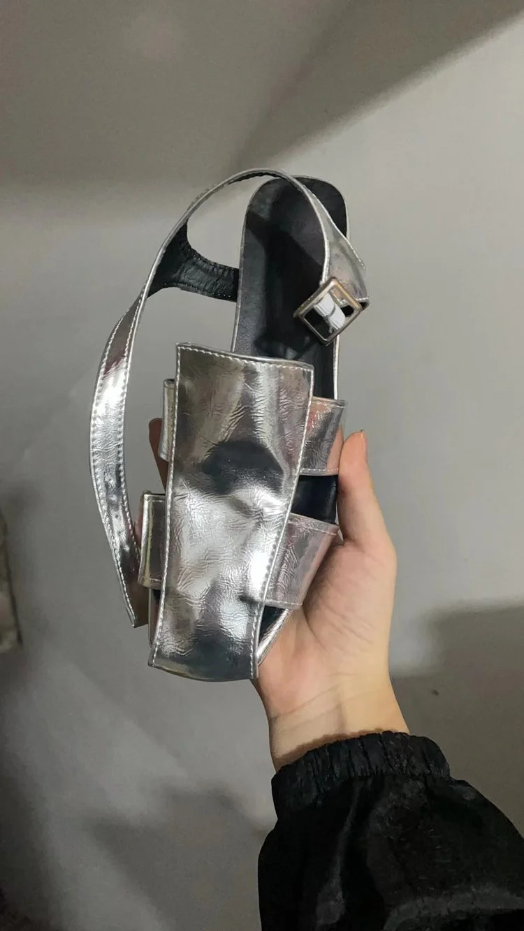 Yyvonne Women's Summer New Korean Version Of The Square Head With Coarse Heel Buckle Silver Casual Simple Ladies Sandals