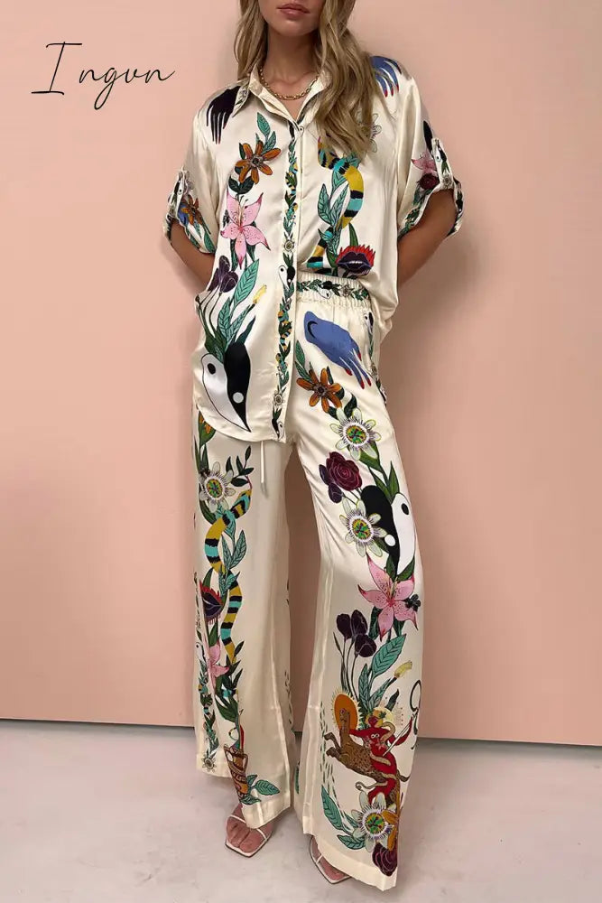 Ingvn - Casual Vintage Print Turndown Collar Short Sleeve Two Pieces White Apricot / S
