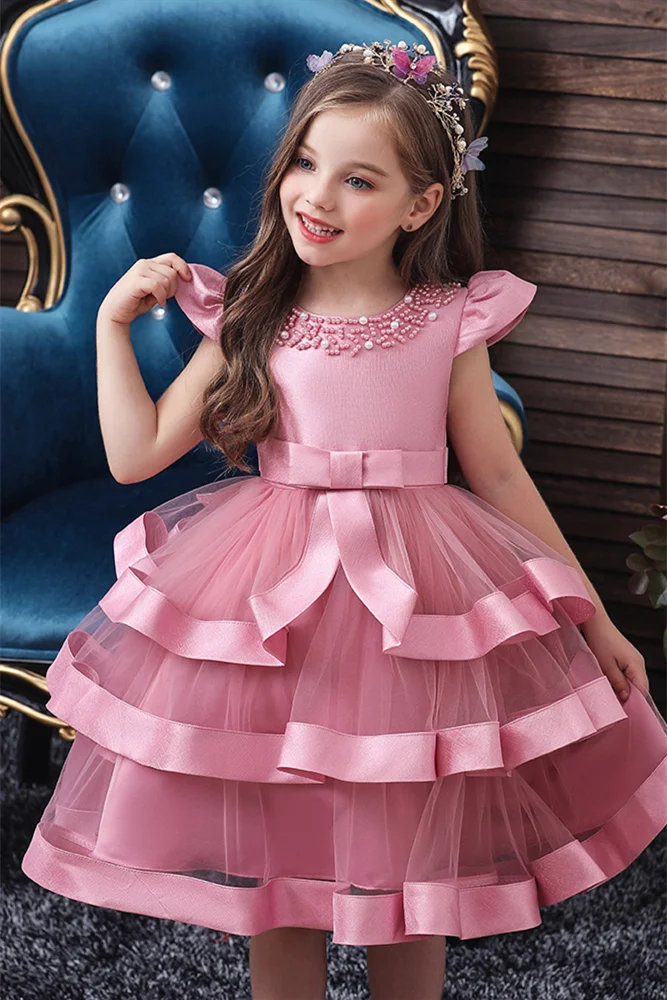 Bellasprom Dusty Pink Cap Sleeves Flower Girl Dress Tulle Layered With Pearls