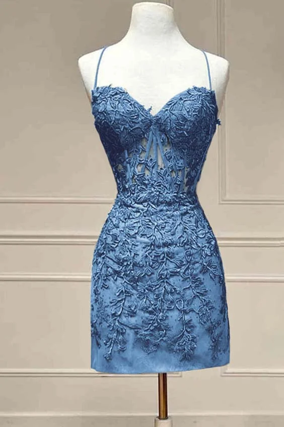 Daisda Exquisite Navy Blue Applique Spaghetti Strap Sleeveless Short Homecoming Dress