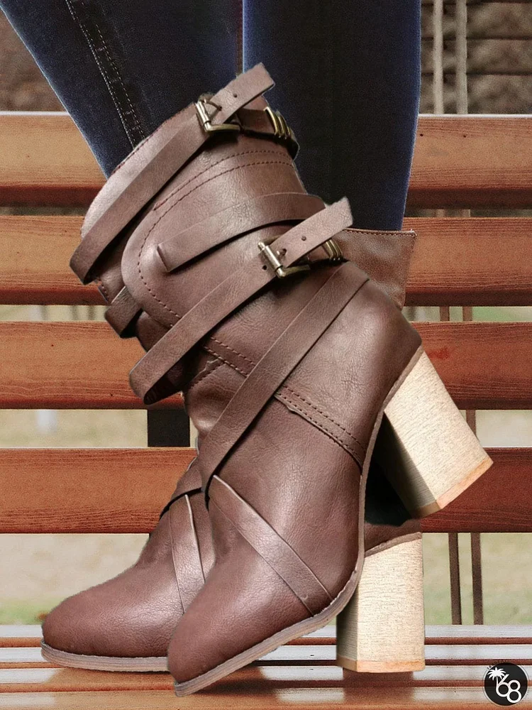 Vintage  Buckle Strap Chunky Heel Riding Boots | 168DEAL