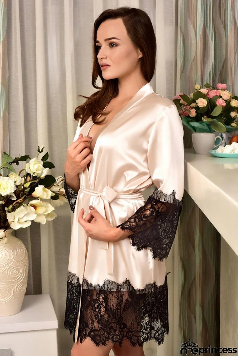 Satin Kimono Robe with Lace Trims