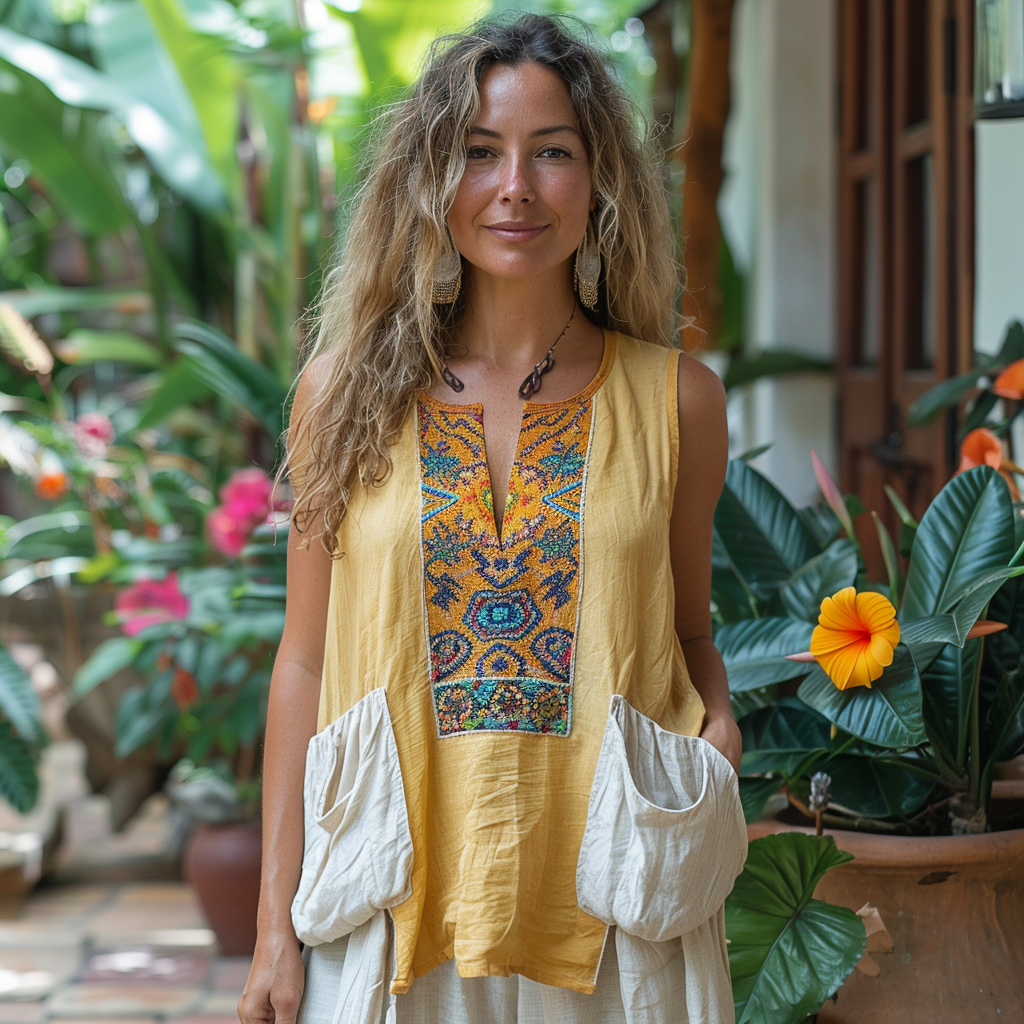 Ethnic Style V-neck Linen Vest. Comfortable And Breathable Linen Top.