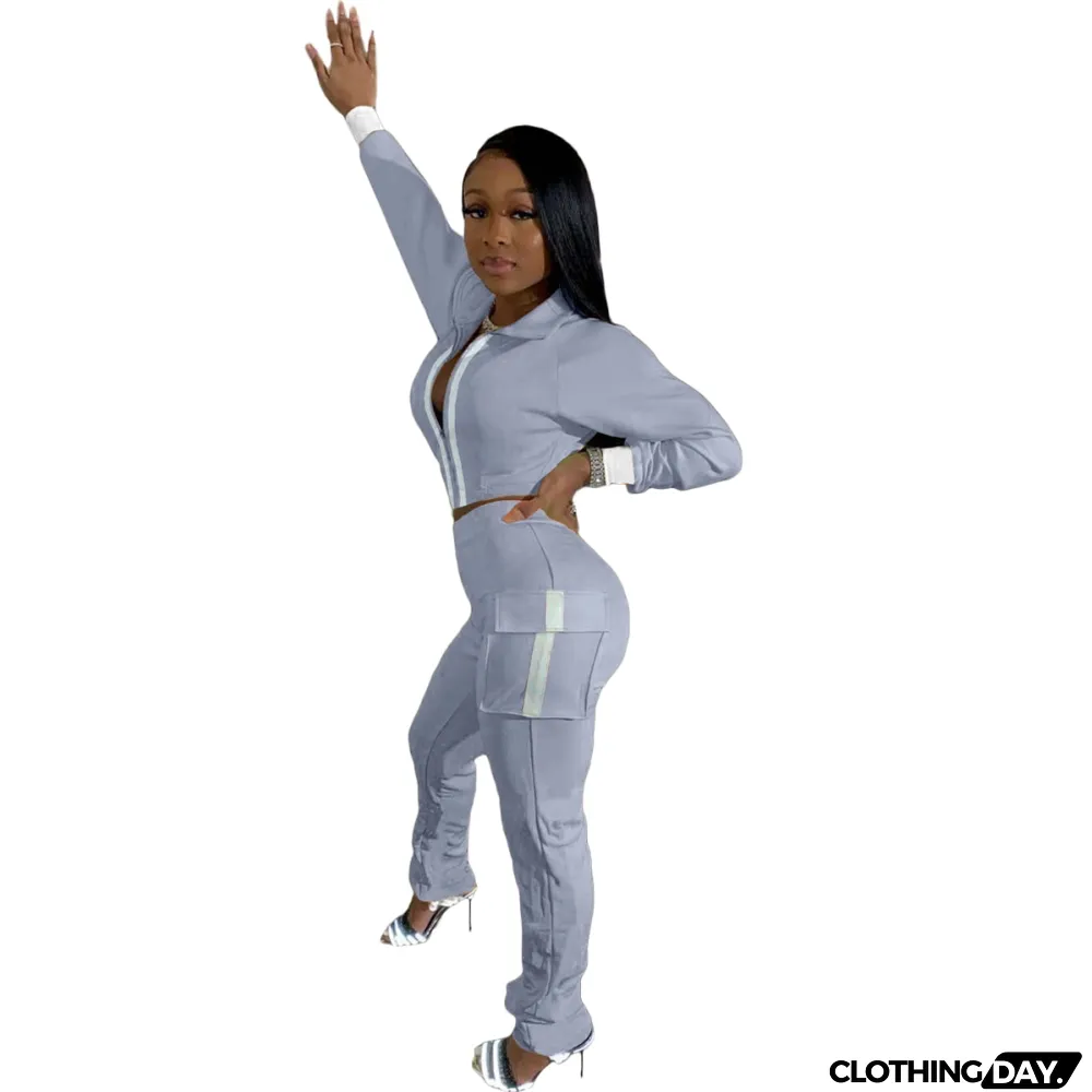 Autumn Blank Zip Crop Top and High Waist Pocket Trouser Set