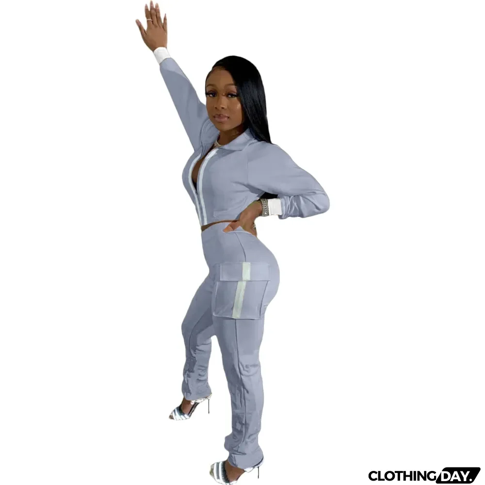 Autumn Blank Zip Crop Top and High Waist Pocket Trouser Set